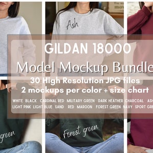 May include: A mockup bundle of Gildan 18000 sweatshirts in various colours, including ash, forest green, and maroon. The bundle includes 30 high-resolution JPG files, with two mockups per colour and a size chart. The colours available are white, black, cardinal red, military green, dark heather, charcoal, ash, light pink, light blue, sand, red, maroon, forest green, navy, and sport grey.
