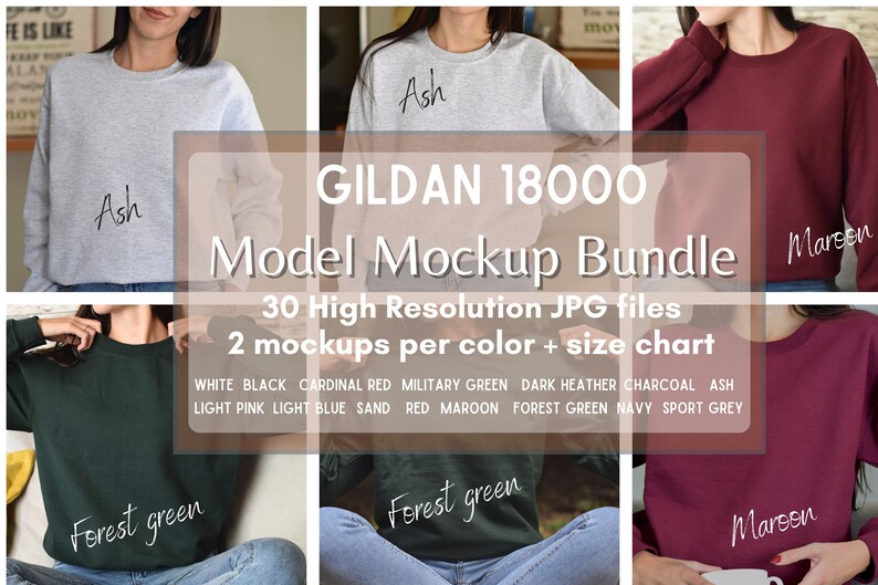 May include: A mockup bundle of Gildan 18000 sweatshirts in various colours, including ash, forest green, and maroon. The bundle includes 30 high-resolution JPG files, with two mockups per colour and a size chart. The colours available are white, black, cardinal red, military green, dark heather, charcoal, ash, light pink, light blue, sand, red, maroon, forest green, navy, and sport grey.