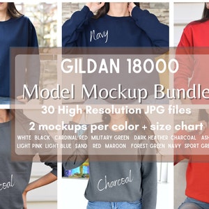 May include: A mockup bundle of Gildan 18000 sweatshirts in navy, charcoal, and red. The bundle includes 30 high-resolution JPG files, 2 mockups per colour, and a size chart. The colours available are white, black, cardinal red, military green, dark heather, charcoal, ash, light pink, light blue, sand, red, maroon, forest green, navy, and sport grey.