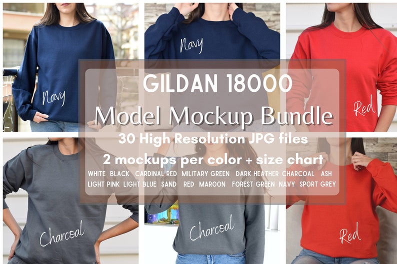 May include: A mockup bundle of Gildan 18000 sweatshirts in navy, charcoal, and red. The bundle includes 30 high-resolution JPG files, 2 mockups per colour, and a size chart. The colours available are white, black, cardinal red, military green, dark heather, charcoal, ash, light pink, light blue, sand, red, maroon, forest green, navy, and sport grey.