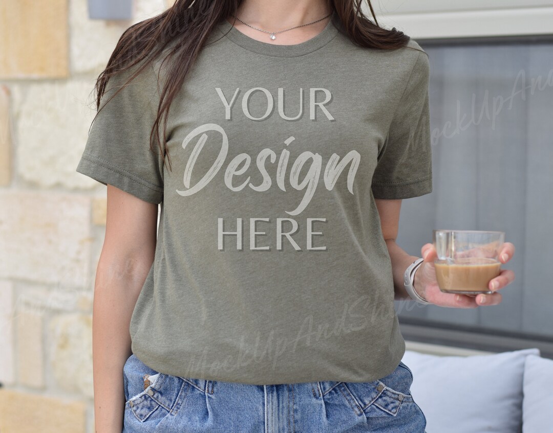 Bella Canvas 3001 Mockup, Heather Olive 3001 Mockup, Bella Canvas Model ...