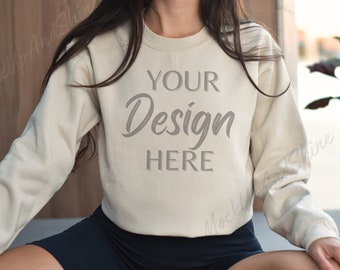 Gildan 18000 Sand Mockup, Gildan Sweatshirt Model Mock, Gildan Crewneck Mock, Heavy Blend Sweater Sand, Lifestyle Mocks 18000, Fall Mockup