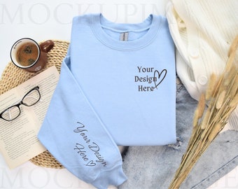 Gildan 18000 Sleeve Mockup Light Blue, Flat Lay Crewneck Sweatshirt Mockup, G18000 Mockups, Gi180 Sweater Sleeve Mockup, Pod Mockup