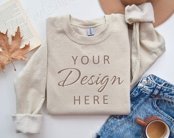 Gildan 18000 Mockup, Flat lay Sand Mockup 18000, Fall Sweatshirt Mockup, Sand Gildan Mock Autumn, Folded Flatlay Crewneck Beige Mockup 18000