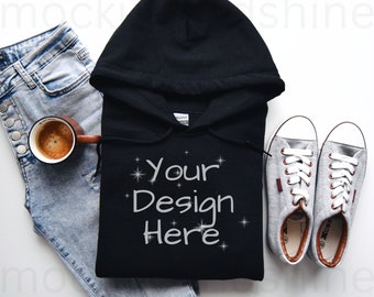 Gildan 18500 Black Hoodie Mockup Flat Lay, Gi18500 Hoodie Mockup, Black Gildan Hoodie Flat Lay, Unisex Heavy Blend Hooded Sweatshirt