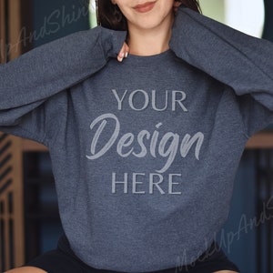 Gildan 18000 Mockup Dark Heather, Sweatshirt Model Mockup, Gildan Crewneck Mocks, Grey Mockup Autumn, Fall Mockup 18000, Dark Heather Mockup