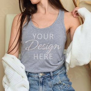 Next Level 1533 Mockup, Heather Grey 1533 Tank Top, Next Level Racerback Tank Top, Model Mockup 1533 Heather Gray, Heather Grey Next Level