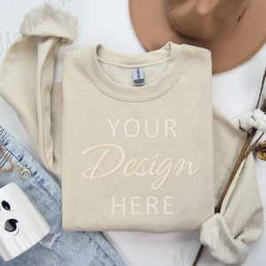 Gildan 18000 Mockup, Flat lay Sand Mockup 18000, Fall Sweatshirt Mockup, Sand Gildan Mock Autumn, Folded Flatlay Crewneck Beige Mockup 18000