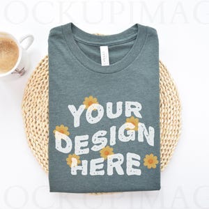 Bella Canvas 3001 Heather Forest Mockup, Flat Lay T-shirt 3001 Mock, Forest Mockup, BC3001 Shirt Mocks, Pod Shirt Green, Flat Mock BC 3001