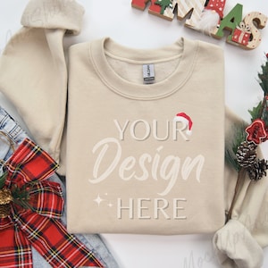 Gildan 18000 Sand Mockup, Christmas 18000 Flat Lay Mock, Crewneck Sand Mocks 18000, Holiday Sweatshirt Mockup, Beige Gilden Sweater Xmas
