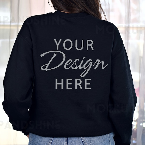 Gildan 18000 Back Mockup, Gildan 18000 Black Sweatshirt Mockup, Model Mockup Back, Gildan Crewneck Mockups Back, Heavy Blend Sweater Black