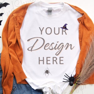 Gildan 5000 Mockup, White 5000 Flatlay Mockup, Halloween 5000 Tshirt Mockup, White Autumn Tee Gildan Mockup, Fall Tshirt 5000 for Halloween