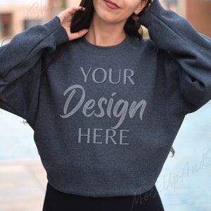 Gildan 18000 Mockup Dark Heather, Sweatshirt Model Mockup, Gildan Crewneck Mocks, Grey Mockup Autumn, Fall Mockup 18000, Dark Heather Mockup