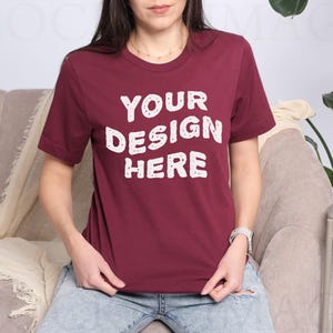 Bella Canvas 3001 Maroon Mockup, 3001 Model Mock-up, Tshirt Mockup 3001 Red, Lifestyle Model Tee Mock, POD BC3001 Maroon, Studio Mockup