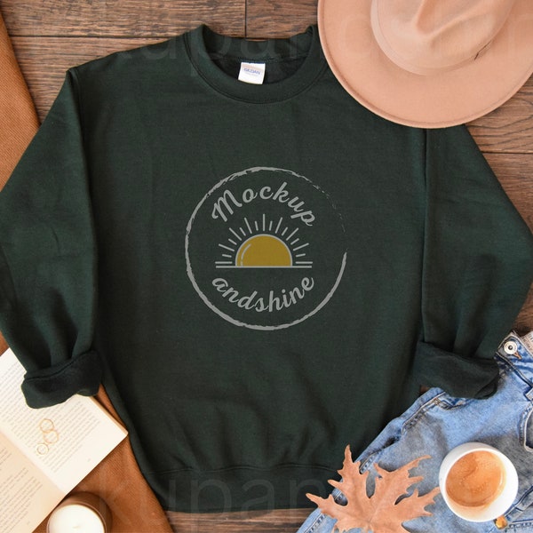 Gildan 18000 Forest Green Flat Lay Mockup, Fall Gi18000 Mockup, Forest Sweatshirt Mockup, Gildan Crewneck Mockups, Heavy Blend Sweater Mocks