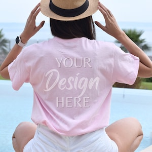 Gildan 5000 Back Mockup, Gildan Light Pink 5000 T-Shirt Mock, Back Model Mockup G5000, Summer Gildan 5000 Tee, Outdoor Gildan Shirt Mockup