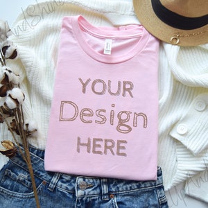 Bella Canvas 3001 Pink Mockup, Flat Lay Mockup Pink, Bella Canvas Flat lay Tshirt Mock 3001, Pink Tee Bella Canvas Mockup Folded Flat