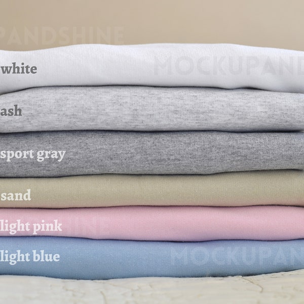 Gildan 18000 Color Chart, Crewneck Unisex Heavy Blend Color Chart, Light Colors Chart, White Ash Sport Gray Sand Light Pink Blue Colors Mock