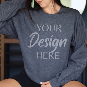 Gildan 18000 Mockup Dark Heather, Sweatshirt Model Mockup, Gildan Crewneck Mocks, Grey Mockup Autumn, Fall Mockup 18000, Dark Heather Mockup