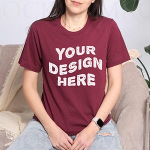 Bella Canvas 3001 Maroon Mockup, 3001 Model Mock-up, Tshirt Mockup 3001 Red, Lifestyle Model Tee Mock, POD BC3001 Maroon, Studio Mockup