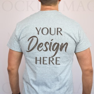 Gildan 5000 Sport Grey Mockup, Mens Model Mockup Back, Male Mockups, Man Gildan Shirt, POD White T-shirt, Print on Demand Gray Tee Mockup