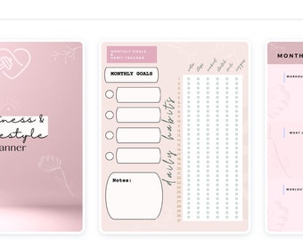 May include: A pink printable planner with the text "fitness & lifestyle planner" and a heart with a dumbbell inside. The planner includes sections for monthly goals, daily habits, and monthly progress tracking.