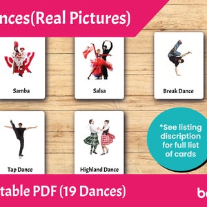 Danses (images réelles) • Cartes Montessori modifiables • Cartes flash pour tout-petits imprimables en PDF • Carte de nomenclature en 3 parties • Matériel pédagogique