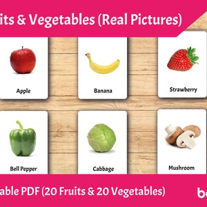 Fruits et légumes (images réelles) • Cartes Montessori modifiables • Cartes flash pour tout-petits imprimables en PDF • Cartes de nomenclature en 3 parties