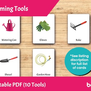 Herramientas de jardinería • Tarjetas Montessori editables • Tarjetas didácticas para niños pequeños imprimibles en PDF • Tarjetas de nomenclatura de 3 partes • Material educativo