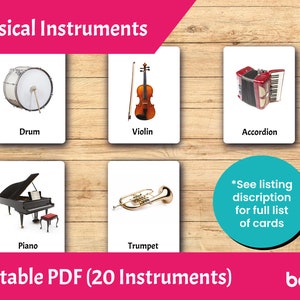 Strumenti musicali • Carte Montessori modificabili • Flashcard per bambini stampabili in PDF • Scheda con nomenclatura in 3 parti • Materiale didattico