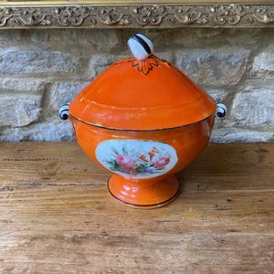 Vintage French Orange Soupiere / covered dish with floral design