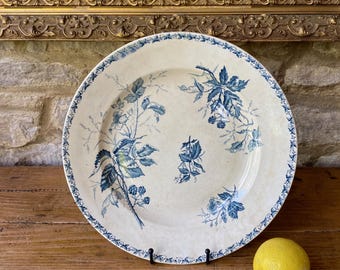 May include: An antique white plate with a blue floral design. The plate has a detailed pattern of leaves and berries. The rim has a delicate blue border. A yellow lemon sits to the right of the plate.