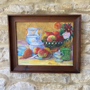 Original Framed Oil on Board, still life &#39;Breakfast, fruits and a cup of tea&#39;
