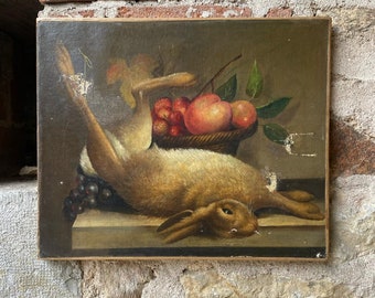 Oil on canvas, still life of Hare and Fruits