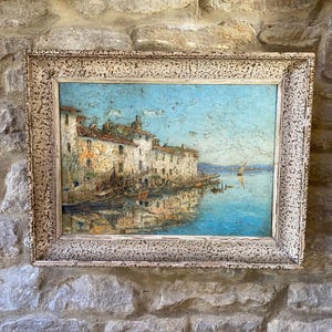 Ölgemälde mit Rahmen: Hafen von Martigues, Frankreich, signiert Olive des Martigues