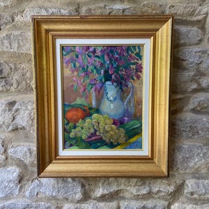 Original Oil Painting: Bouquet of Flowers and Fruit, Signed French Artist