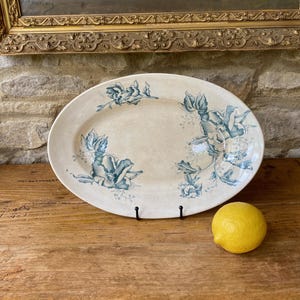 Puede incluir: Una fuente ovalada de color crema con diseños florales azules. El plato antiguo está sobre una superficie de madera, con un limón amarillo a la derecha. La fuente está sostenida por un soporte de metal negro.