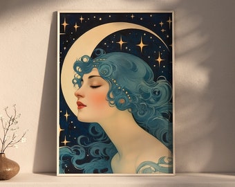 Art Nouveau Woman Print: Celestial Moon Art Deco Style