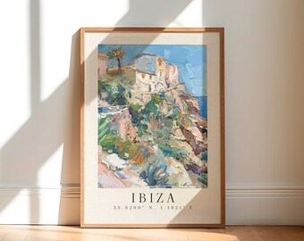 Poster delle coordinate di Ibiza / Stampa di pittura impressionista / Arredamento per la casa Boho / Arte Boho / Stampa di Ibiza / Decorazione del muro della città