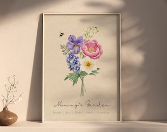 Può includere: Una stampa d'arte stampabile con un'illustrazione ad acquerello di un mazzo di fiori con un'ape e il testo "Mommy's Garden" con i nomi dei fiori elencati sotto. Lo sfondo è di colore beige chiaro.