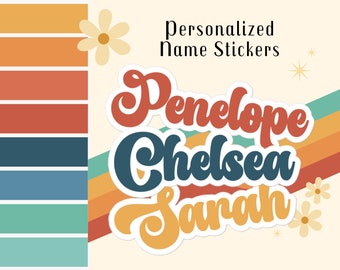 May include: Personalised name stickers featuring the names Penelope, Chelsea, and Sarah in a retro font. The design includes a colour palette of orange, red, teal, and cream, with decorative flowers and starbursts. The text "Personalized Name Stickers" is at the top.