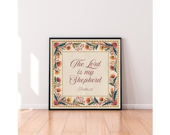 Lord Is My Shepherd Print | Scripture Art Print | Baptism Gift | Christian Wall Art | Folk Floral Decor | Faith Gift | Bible Verse Gift