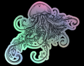 Holographic Jellyfish Sticker: Floral Marine Life Decal