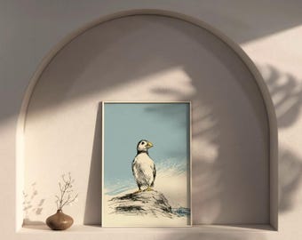 Kinderzimmerdeko mit Meeresmotiv, Wandbild mit Papageientaucher – Küstenvogel-Print, Wanddeko fürs Spielzimmer, Wandbild fürs Kinderzimmer, Seevogel-Kunst fürs Kinderzimmer, Digitaler Download
