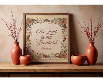 Christian Wall Art | Lord Is My Shepherd Print | Baptism Gift | Botanical Bible Verse | Sympathy Gift | Religious Wall Art | Christian Gift