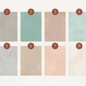 May include: Eight different textured paper backgrounds in various shades of gray, beige, pink, and blue. The backgrounds are numbered 1 through 8.