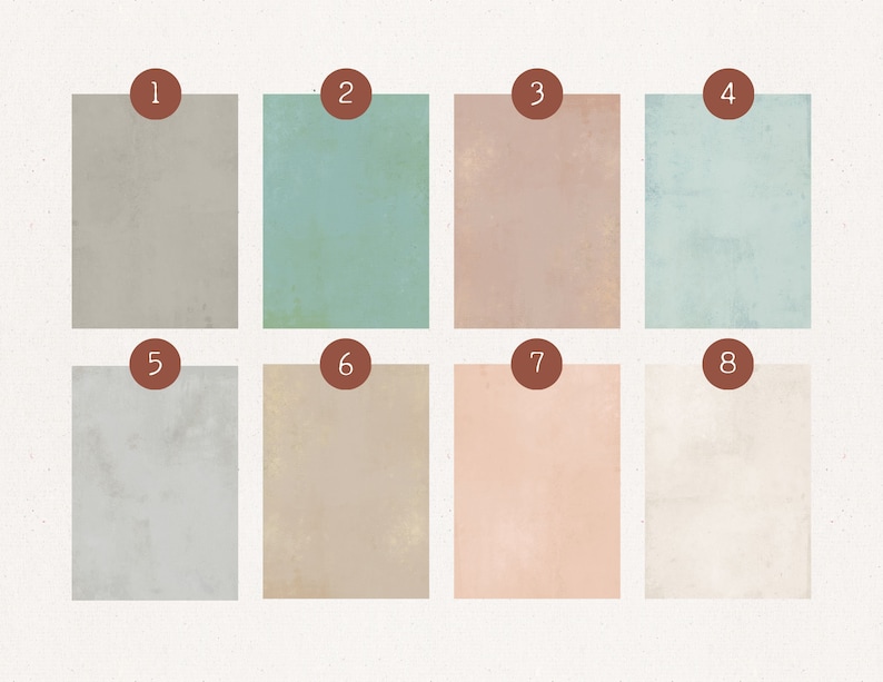 May include: Eight different textured paper backgrounds in various shades of gray, beige, pink, and blue. The backgrounds are numbered 1 through 8.