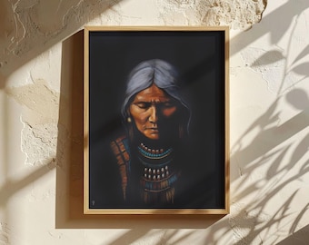 Porträt einer indigenen Ältesten – Kunstdruck nach einem originalen Acrylgemälde, Stammeskunst der Großmutter, Leinwand- oder Mattdruck, optional gerahmt