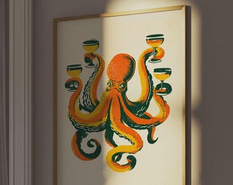 Oktopus-Wandbild, Cocktail-Print – Druckbares Wandbild, ausgefallene Barwagen-Deko, Wohnungsdeko, maximalistische Küchenkunst, Sofort-Download