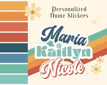 May include: A retro design with the text "Personalized Name Stickers." The image displays the names Maria, Kaitlyn, and Nicole in a vintage font. The background features a colour palette of orange, teal, and cream, with daisy and star accents.